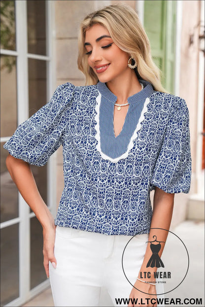 Blue Floral Striped Print Contrast Ricrac V Neck Puff Sleeve Blouse - L.T.C Wear Online Fashion Store