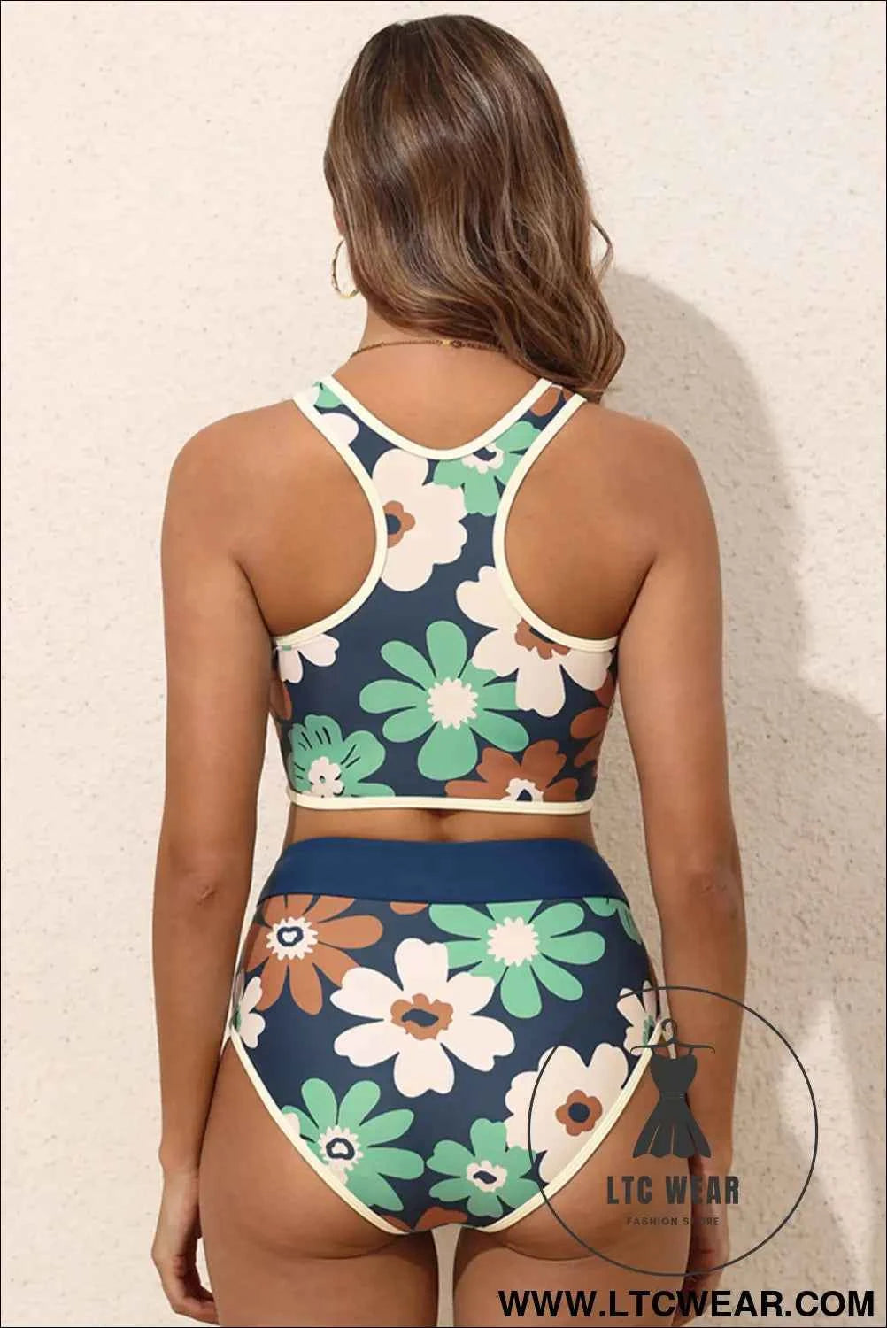 Blue Flower Zip up Racerback High Waisted Bikini