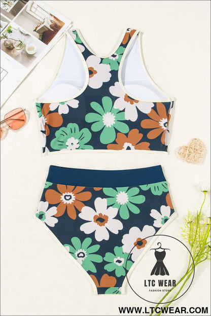 Blue Flower Zip up Racerback High Waisted Bikini - L.T.C Wear Online Fashion Store