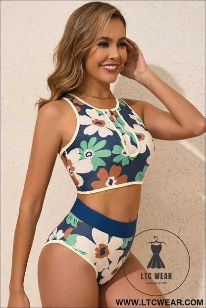 Blue Flower Zip up Racerback High Waisted Bikini