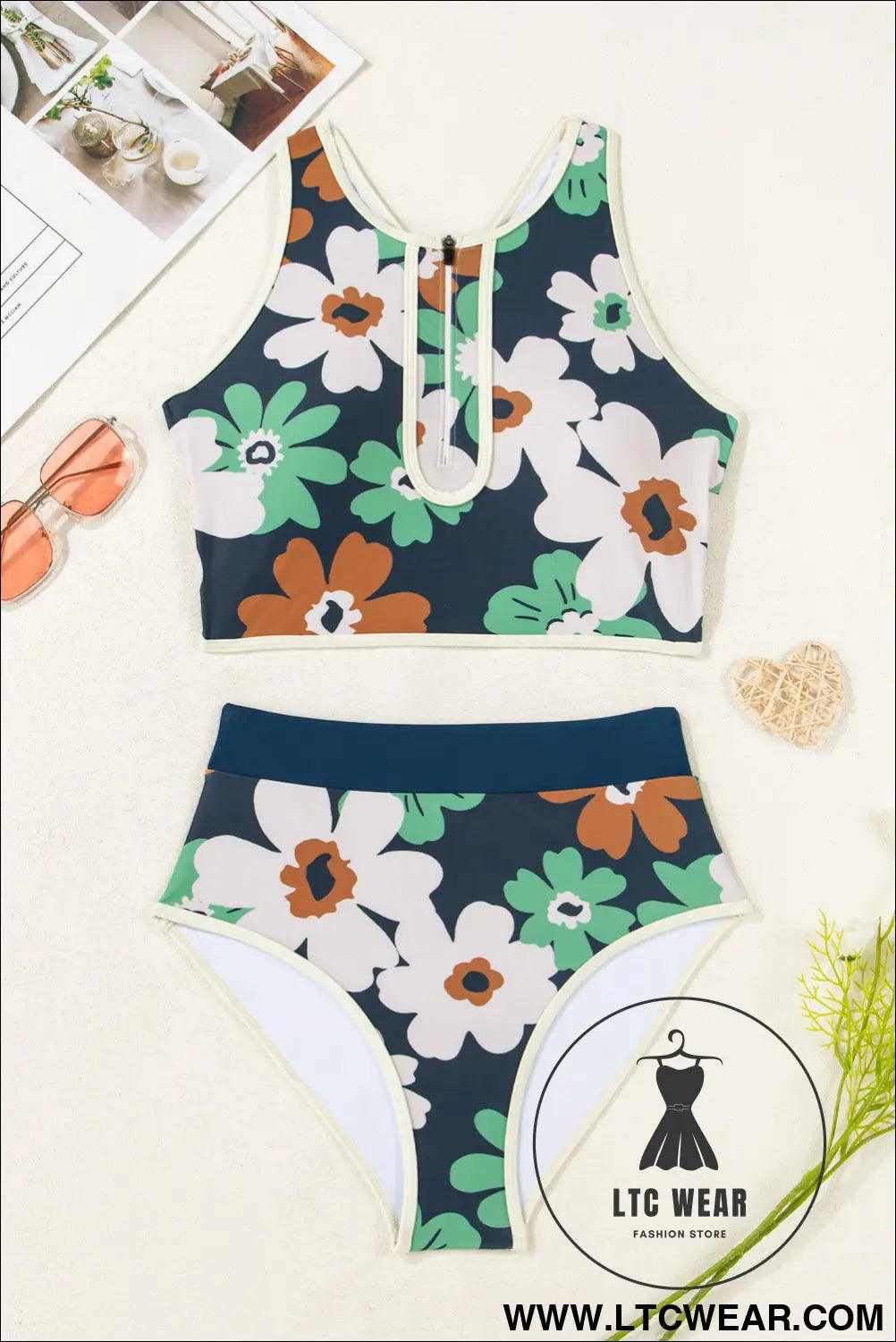 Blue Flower Zip up Racerback High Waisted Bikini - L.T.C Wear Online Fashion Store