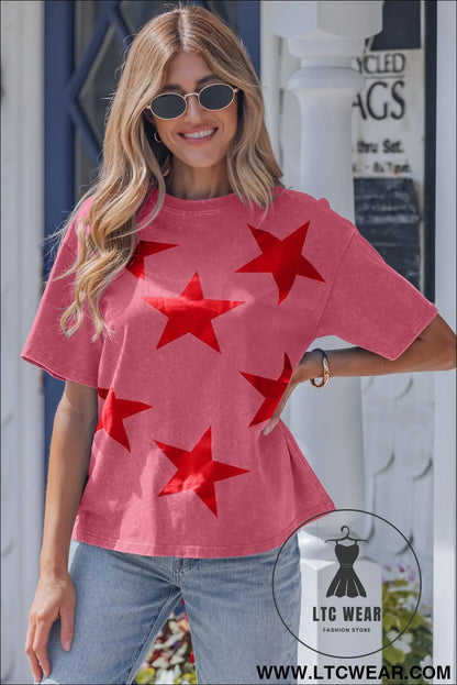 Blue independence day star printed mineral wash t shirt - red / l / 100% cotton - tops & tees