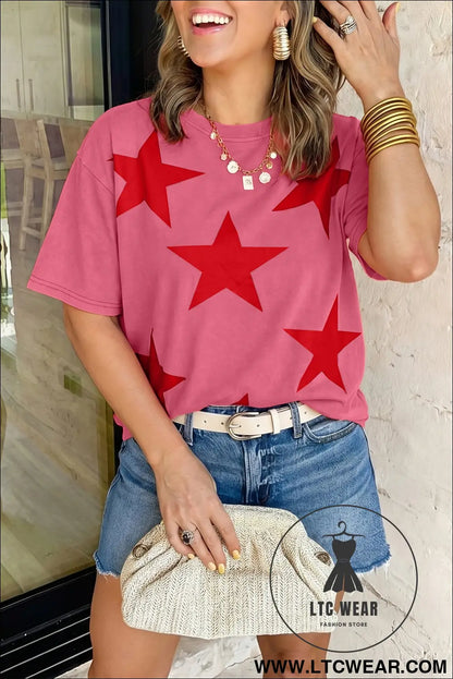 Blue independence day star printed mineral wash t shirt - tops & tees