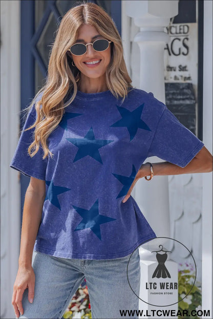 Blue independence day star printed mineral wash t shirt - tops & tees