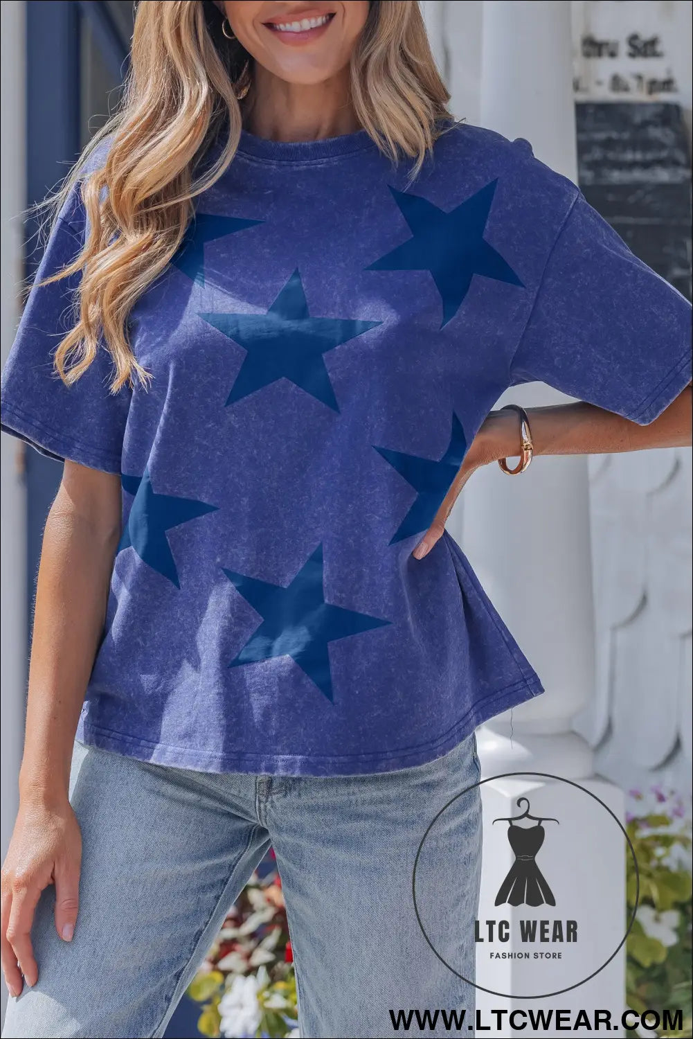 Blue independence day star printed mineral wash t shirt - tops & tees