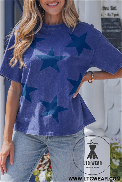 Blue independence day star printed mineral wash t shirt - tops & tees