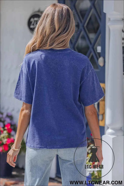 Blue Independence Day Star Printed Mineral Wash T Shirt
