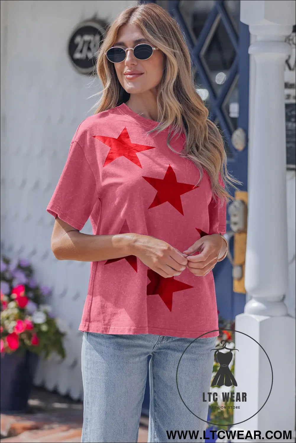 Blue independence day star printed mineral wash t shirt - tops & tees