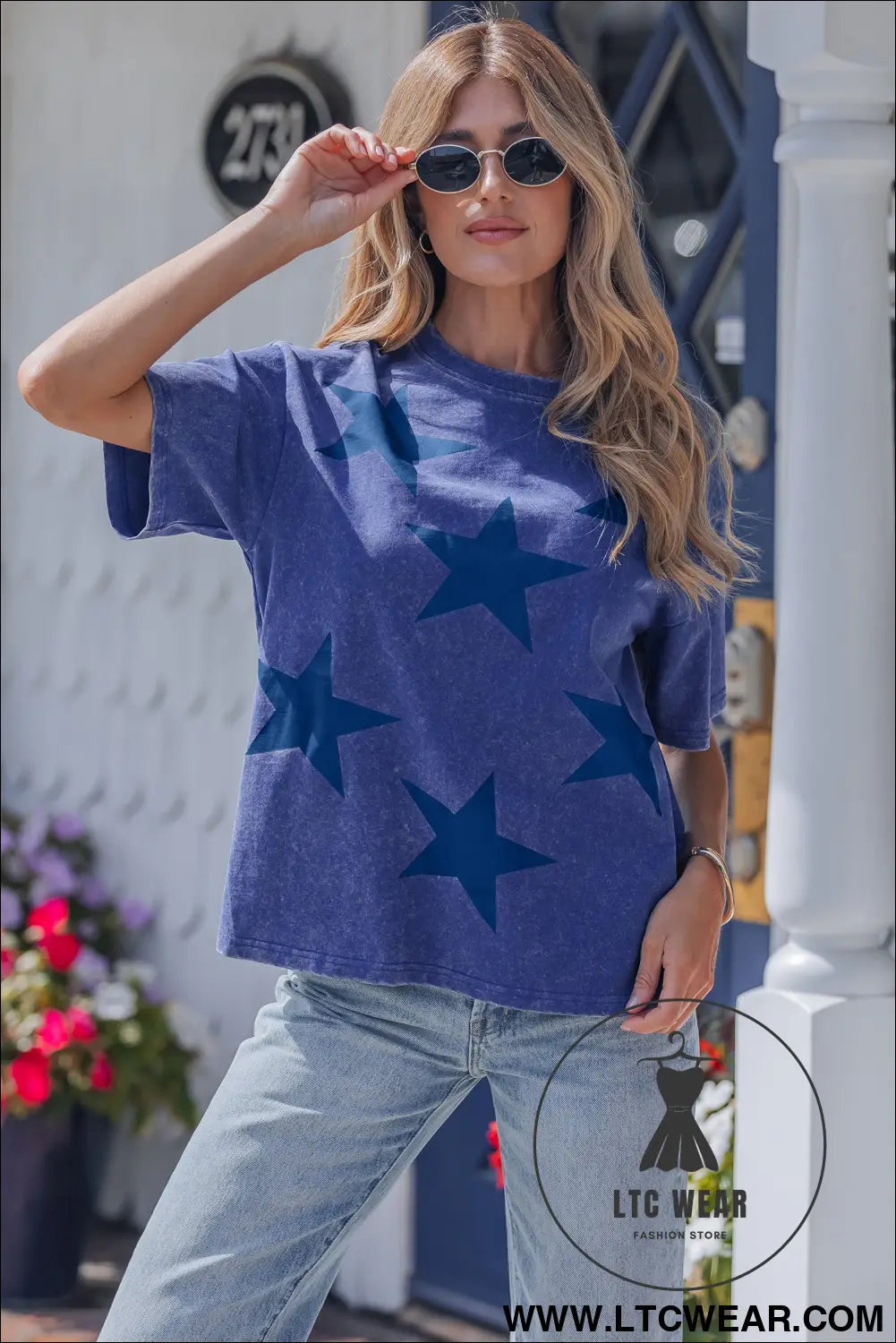 Blue independence day star printed mineral wash t shirt - tops & tees