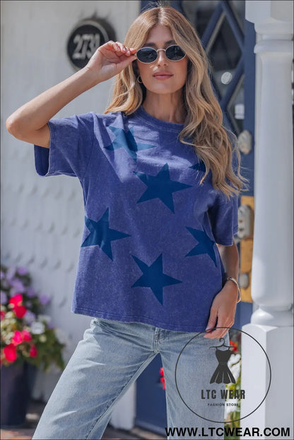 Blue independence day star printed mineral wash t shirt - tops & tees
