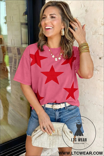 Blue independence day star printed mineral wash t shirt - tops & tees