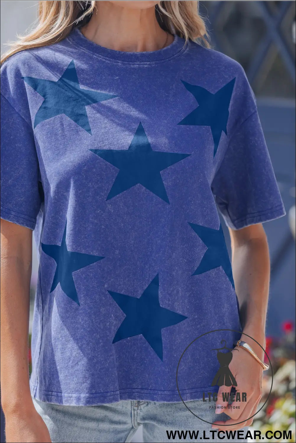 Blue independence day star printed mineral wash t shirt - tops & tees
