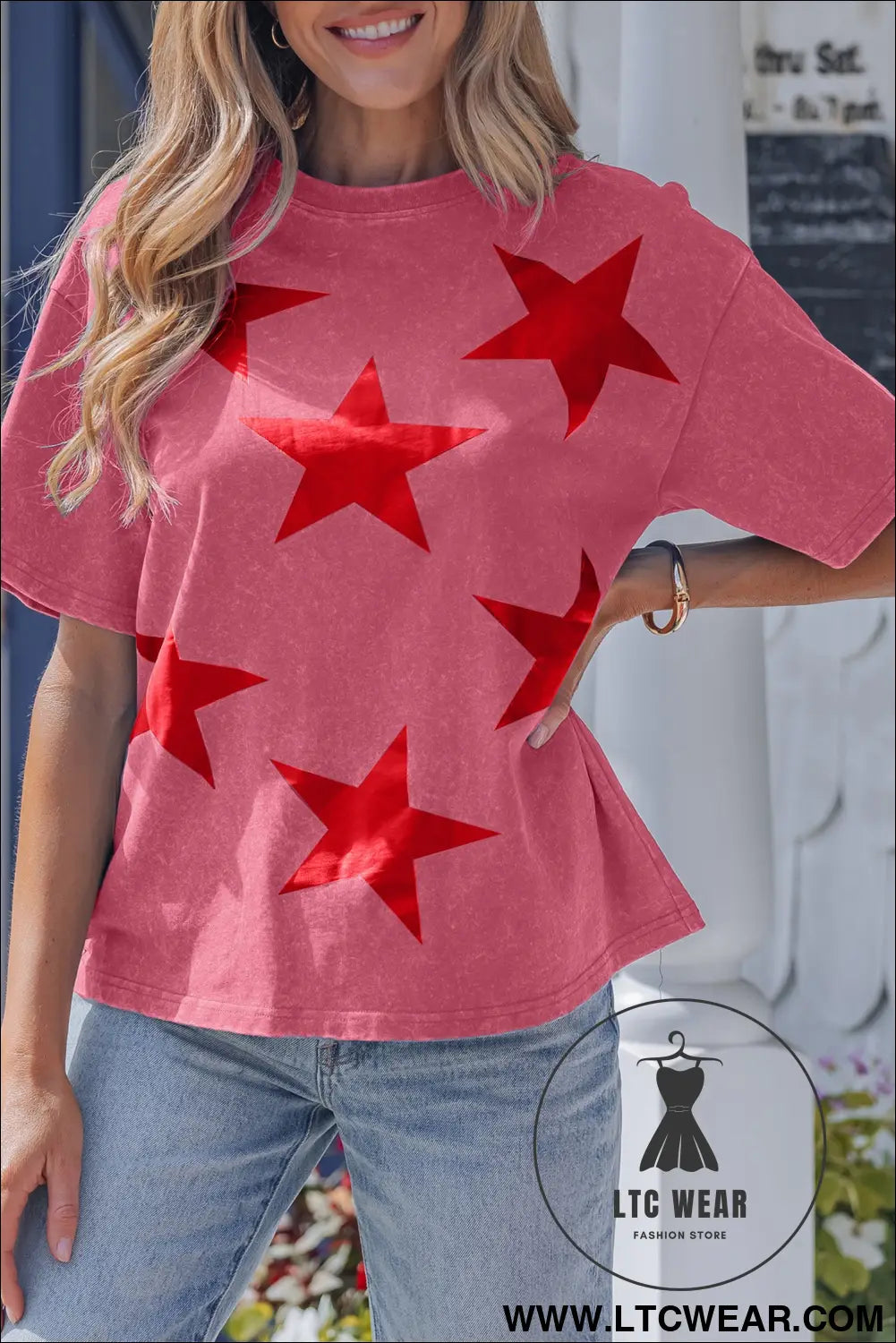Blue independence day star printed mineral wash t shirt - tops & tees