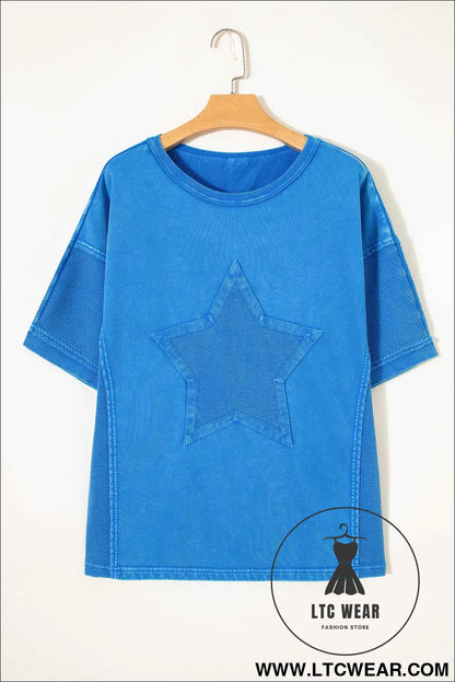Blue Mineral Wash Star Mesh Patchwork Oversize Tee