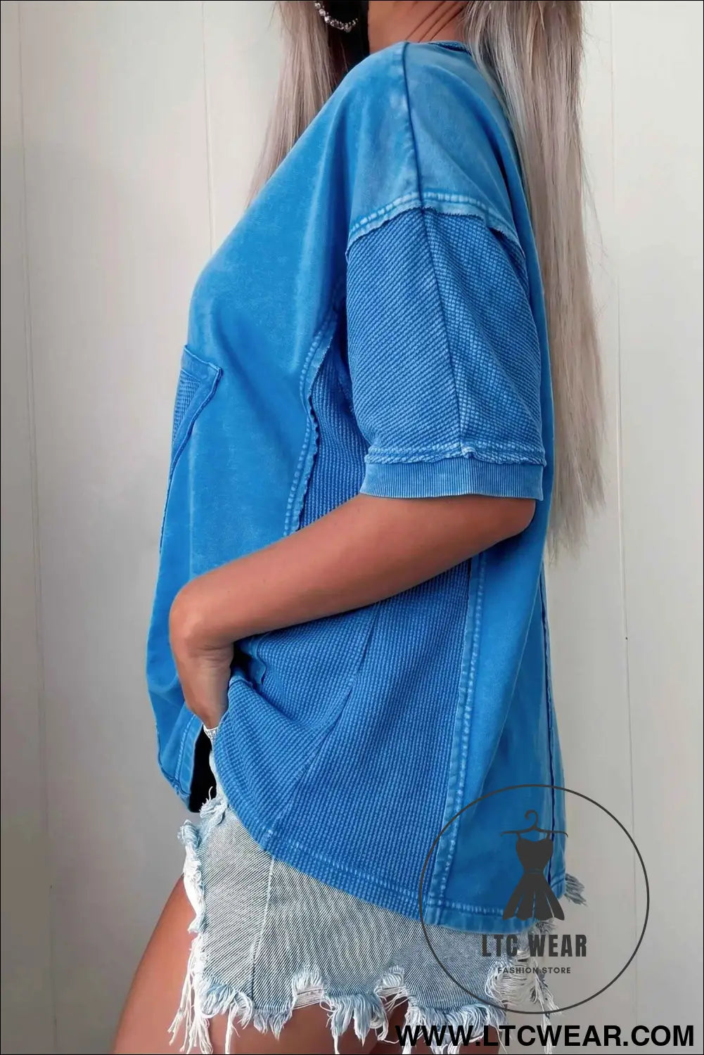 Blue Mineral Wash Star Mesh Patchwork Oversize Tee