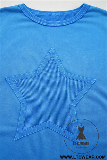 Blue Mineral Wash Star Mesh Patchwork Oversize Tee - L.T.C Wear Online Fashion Store
