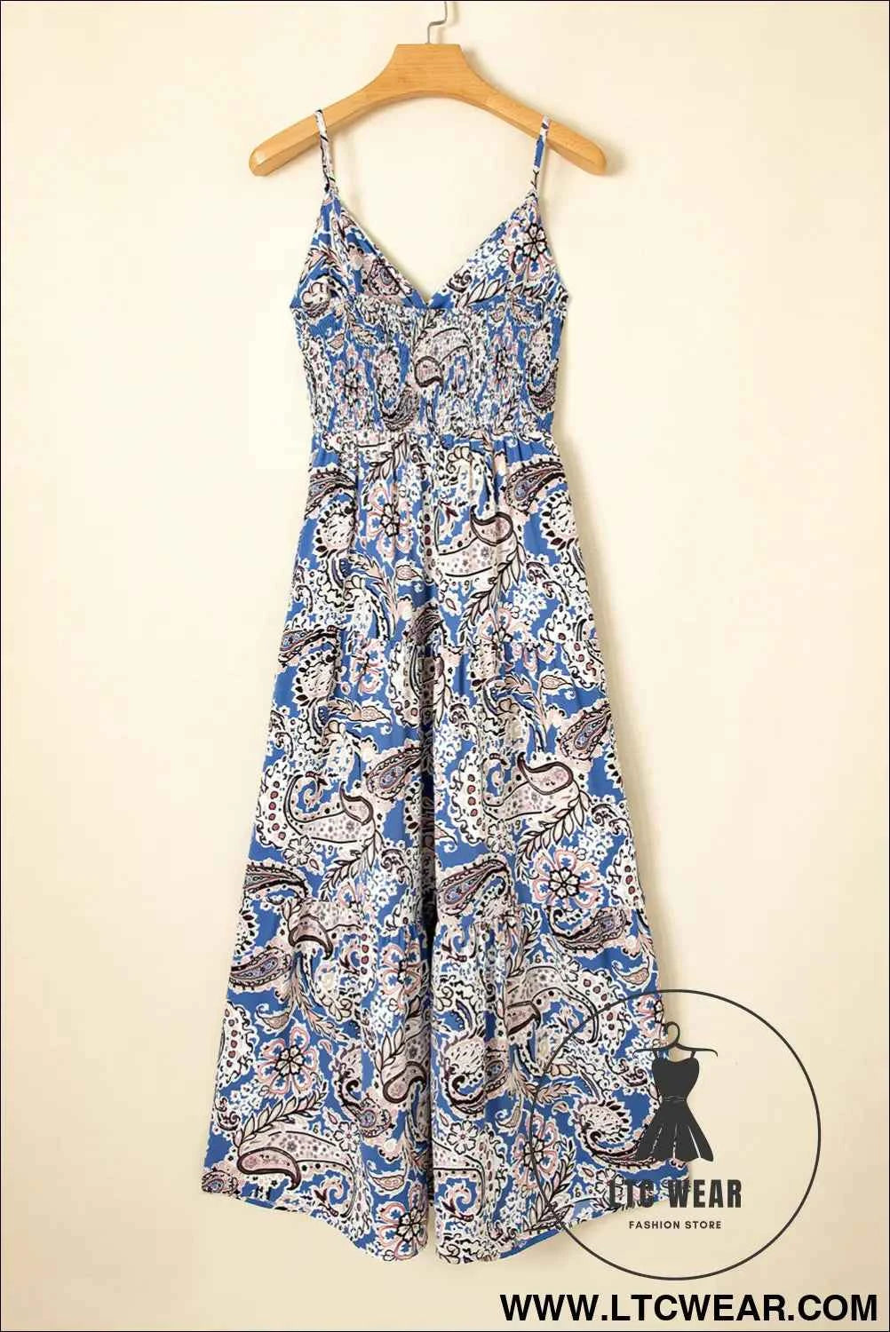 Blue Paisley Print Twist Detail Smocked Back Spaghetti Straps Long Dress