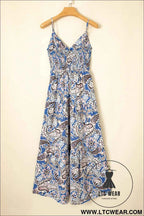 Blue Paisley Print Twist Detail Smocked Back Spaghetti Straps Long Dress