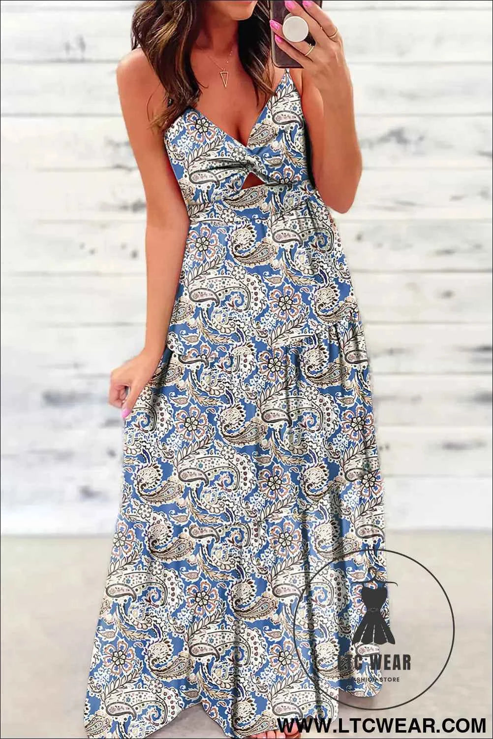 Blue Paisley Print Twist Detail Smocked Back Spaghetti Straps Long Dress