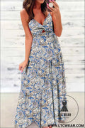 Blue Paisley Print Twist Detail Smocked Back Spaghetti Straps Long Dress