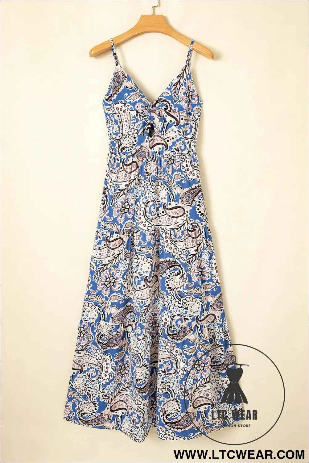 Blue Paisley Print Twist Detail Smocked Back Spaghetti Straps Long Dress
