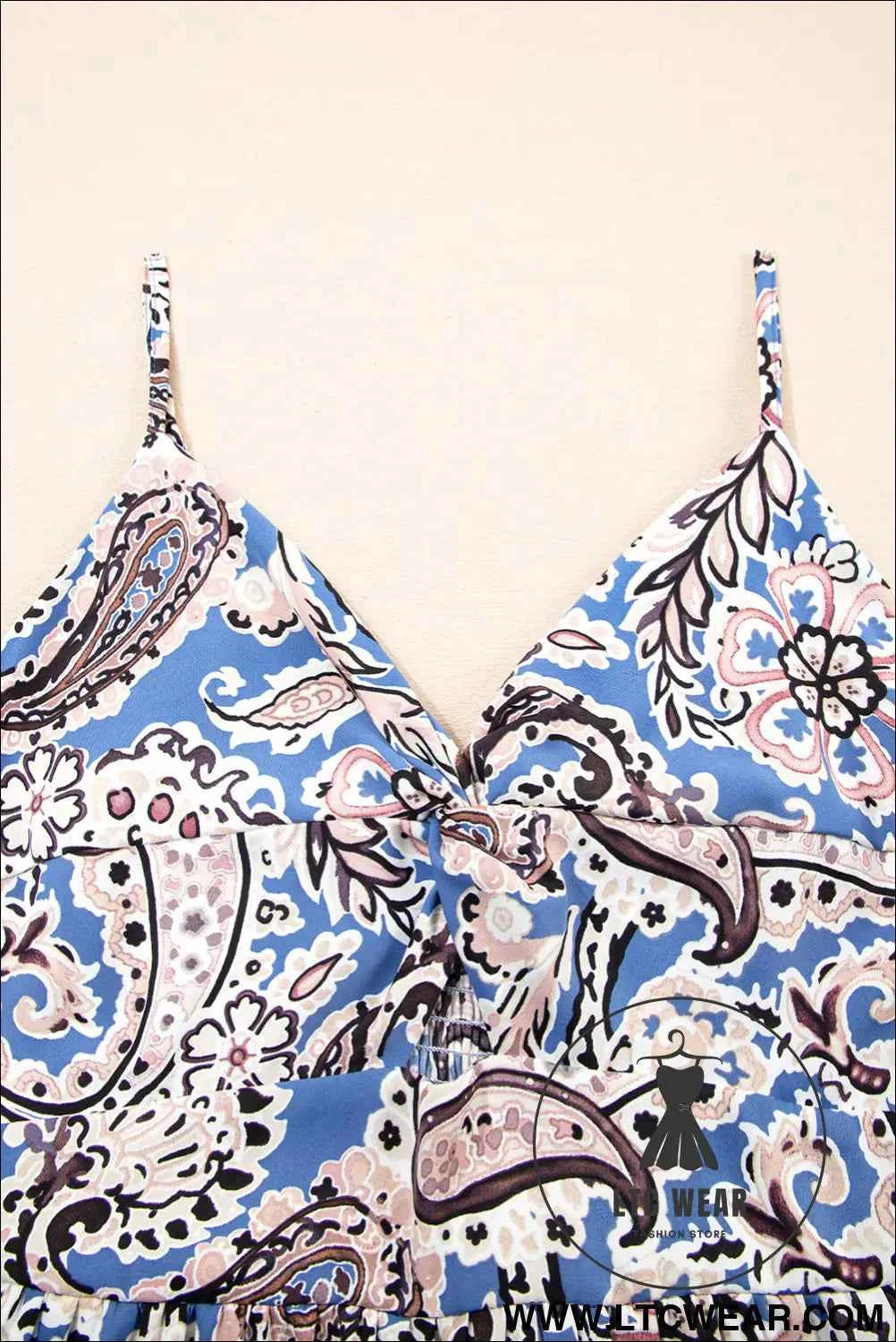 Blue Paisley Print Twist Detail Smocked Back Spaghetti Straps Long Dress