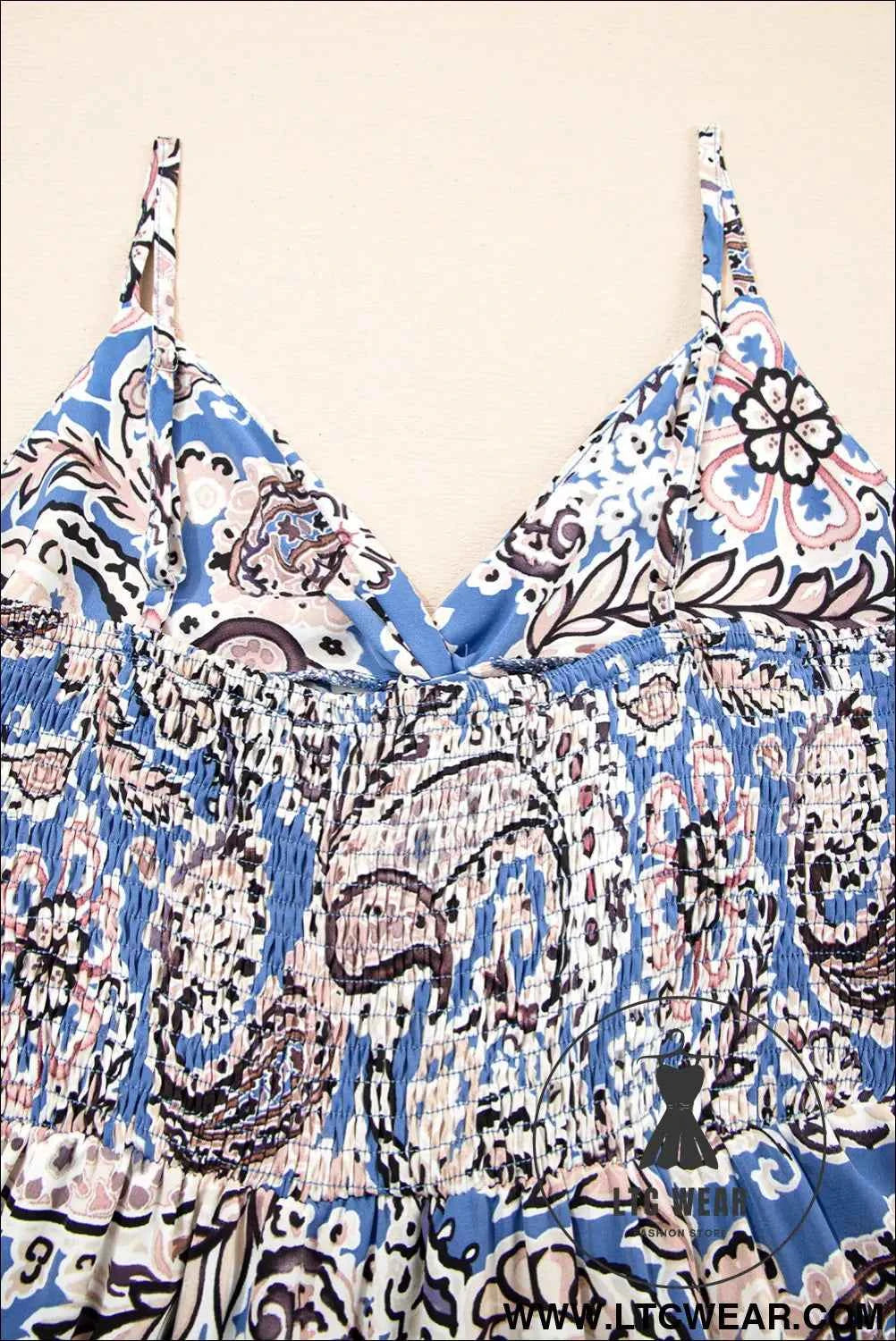 Blue Paisley Print Twist Detail Smocked Back Spaghetti Straps Long Dress