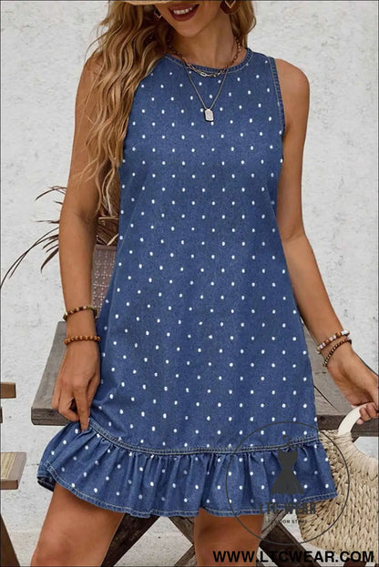 Blue Polka Dot Ruffle Hem Sleeveless Shift Dress Mini Vacation Wholesale