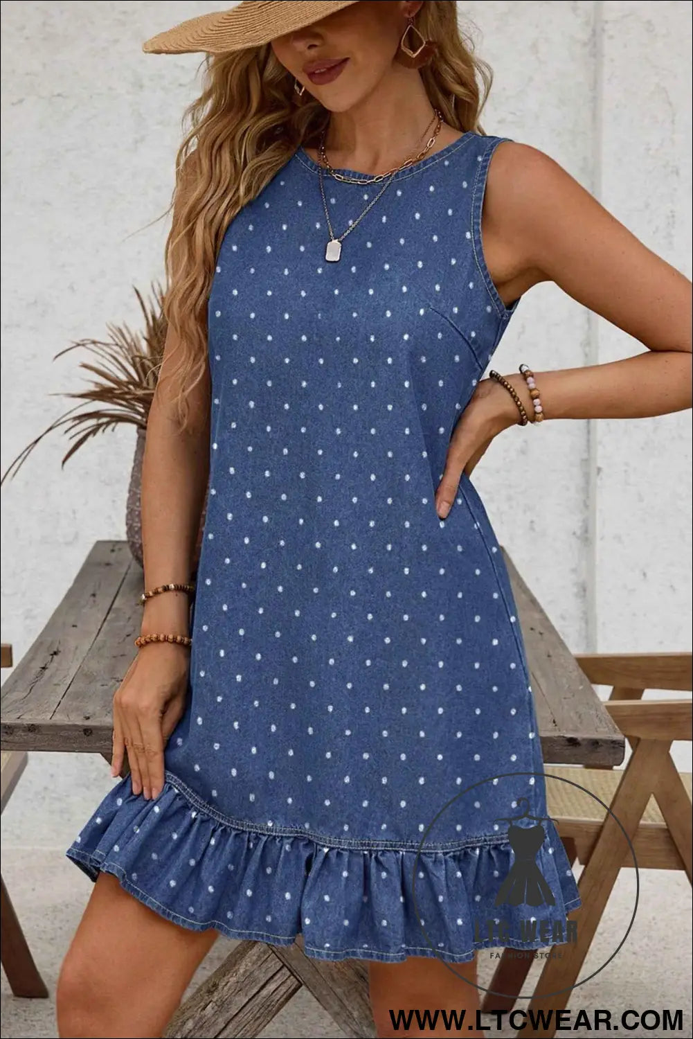Blue Polka Dot Ruffle Hem Sleeveless Shift Dress Mini Vacation Wholesale