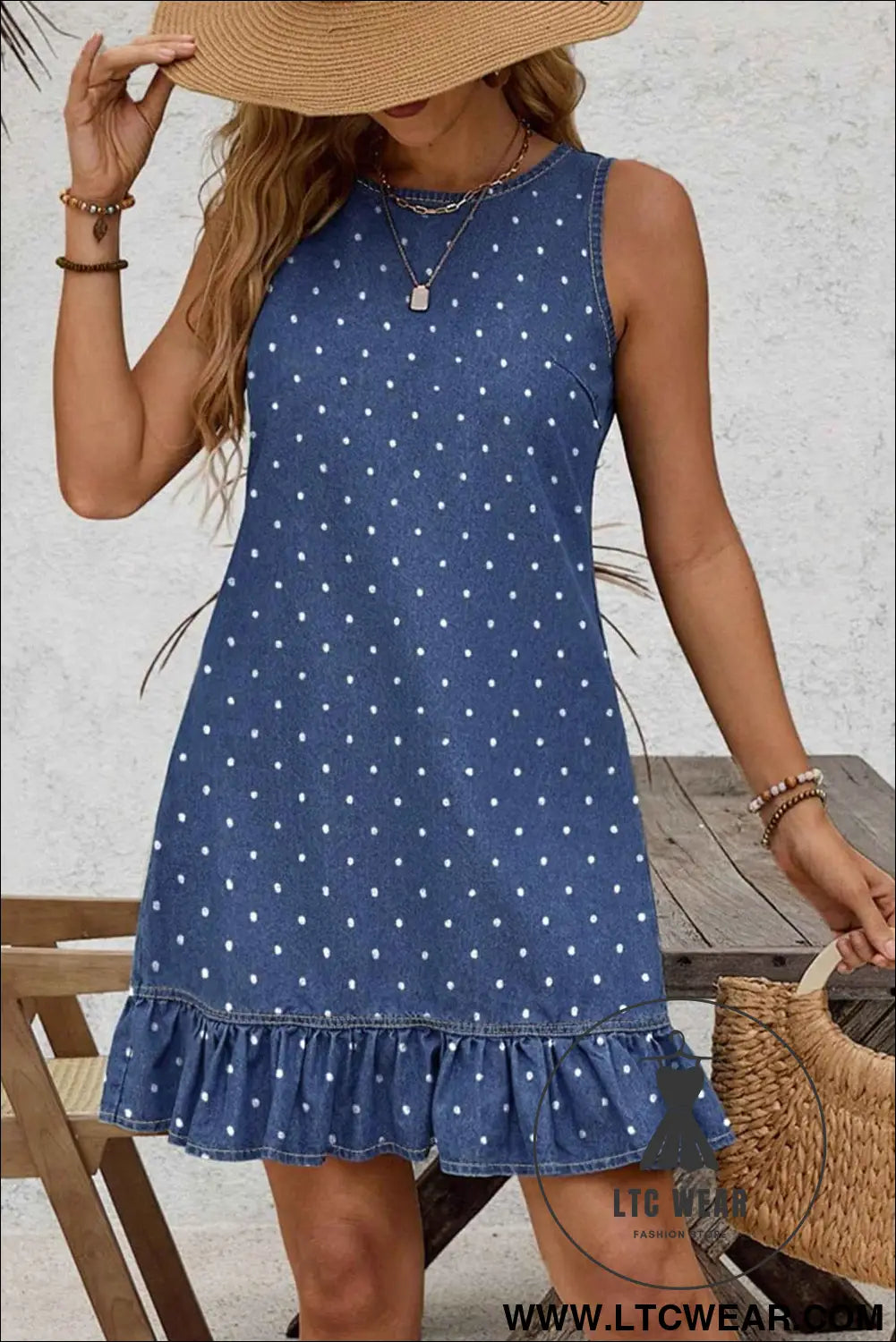 Blue Polka Dot Ruffle Hem Sleeveless Shift Dress Mini Vacation Wholesale