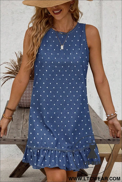 Blue Polka Dot Ruffle Hem Sleeveless Shift Dress Mini Vacation Wholesale - L.T.C Wear Online Fashion Store