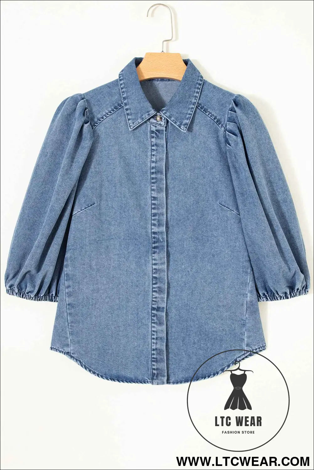 Blue Puff Half Sleeve Collared Denim Shirt