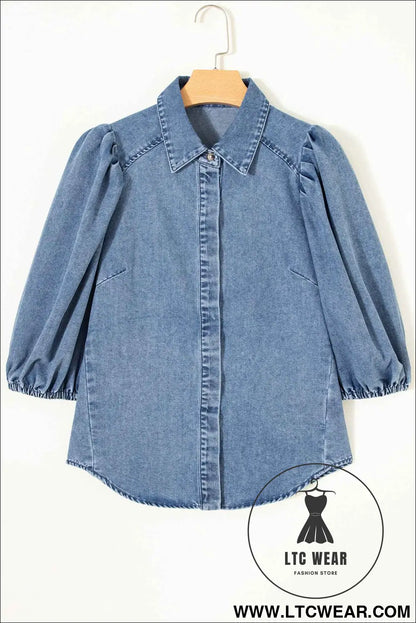 Blue Puff Half Sleeve Collared Denim Shirt
