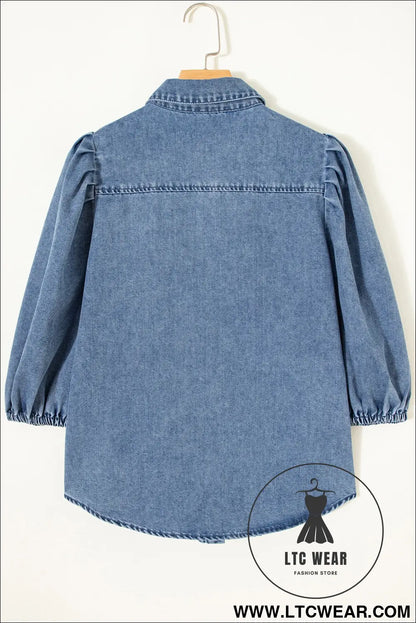 Blue Puff Half Sleeve Collared Denim Shirt - L.T.C Wear Online Fashion Store