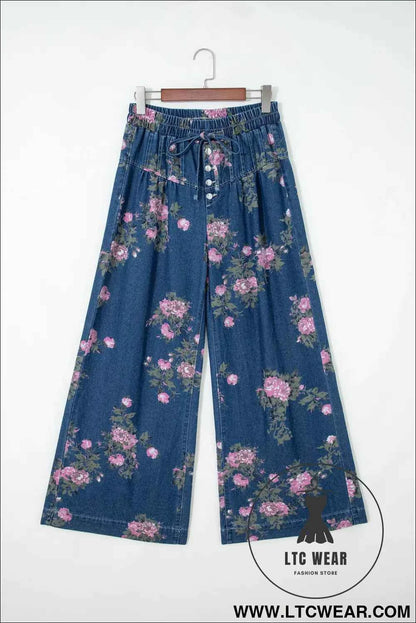 Blue Retro Floral Print Tie Elastic Waist Button Pintuck Wide Leg Jeans