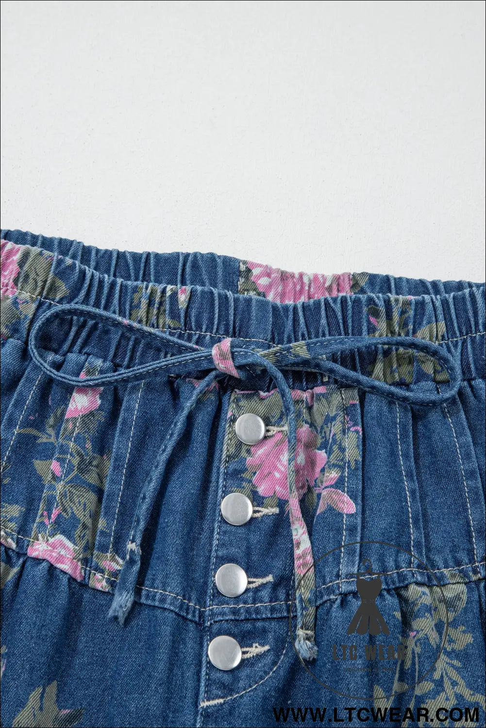 Blue Retro Floral Print Tie Elastic Waist Button Pintuck Wide Leg Jeans - L.T.C Wear Online Fashion Store