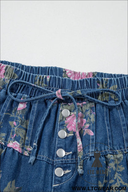 Blue Retro Floral Print Tie Elastic Waist Button Pintuck Wide Leg Jeans - L.T.C Wear Online Fashion Store