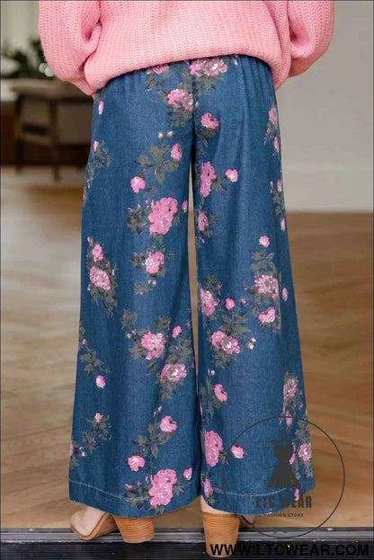 Blue Retro Floral Print Tie Elastic Waist Button Pintuck Wide Leg Jeans