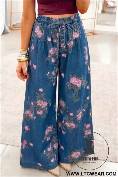 Blue Retro Floral Print Tie Elastic Waist Button Pintuck Wide Leg Jeans
