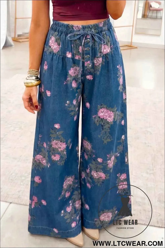 Blue Retro Floral Print Tie Elastic Waist Button Pintuck Wide Leg Jeans