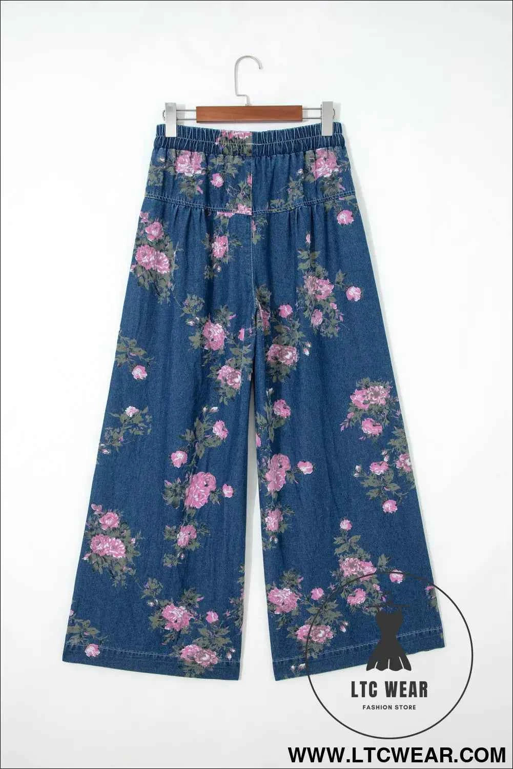 Blue Retro Floral Print Tie Elastic Waist Button Pintuck Wide Leg Jeans
