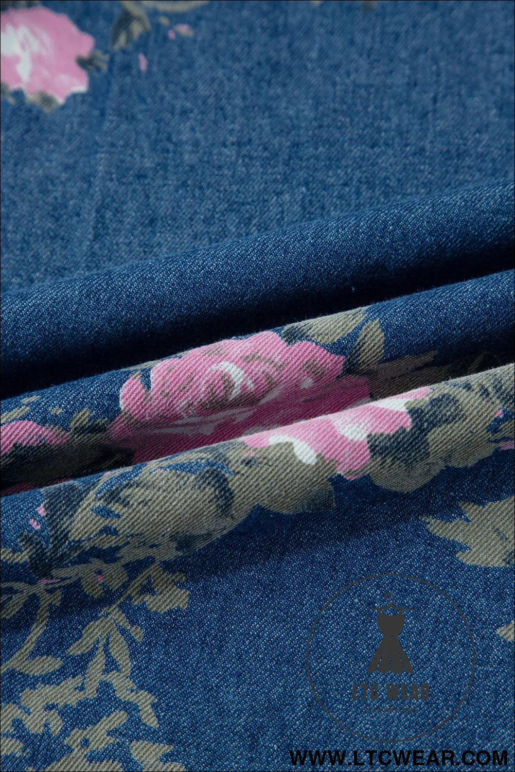 Blue Retro Floral Print Tie Elastic Waist Button Pintuck Wide Leg Jeans - L.T.C Wear Online Fashion Store