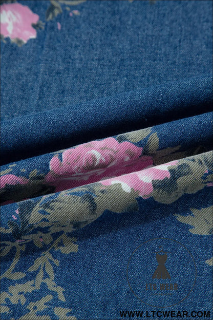 Blue Retro Floral Print Tie Elastic Waist Button Pintuck Wide Leg Jeans - L.T.C Wear Online Fashion Store