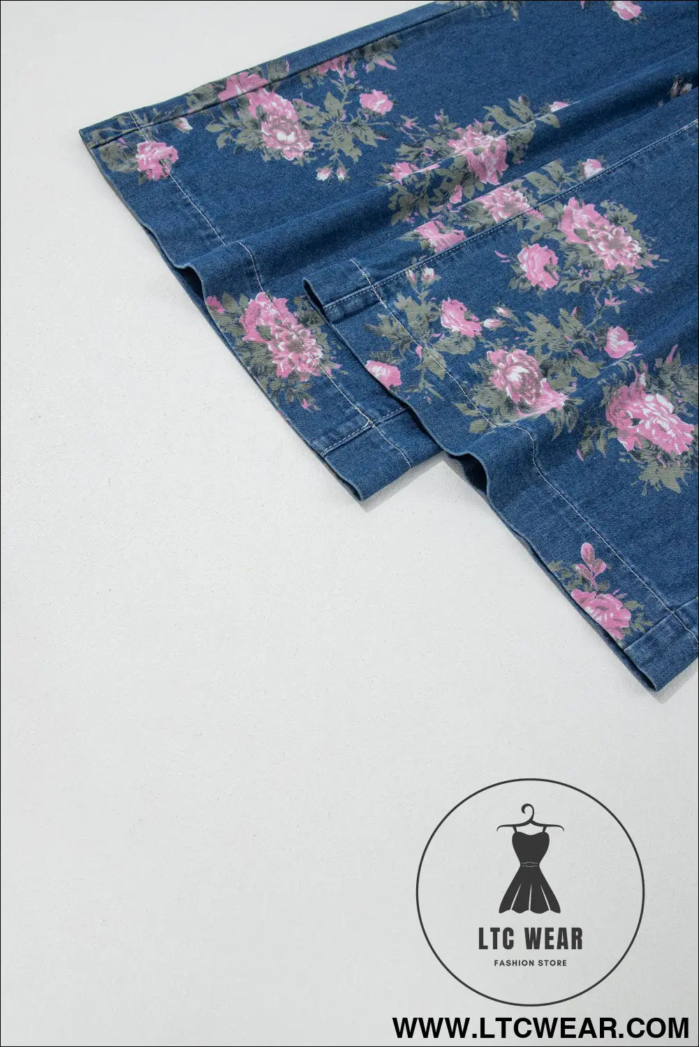 Blue Retro Floral Print Tie Elastic Waist Button Pintuck Wide Leg Jeans - L.T.C Wear Online Fashion Store