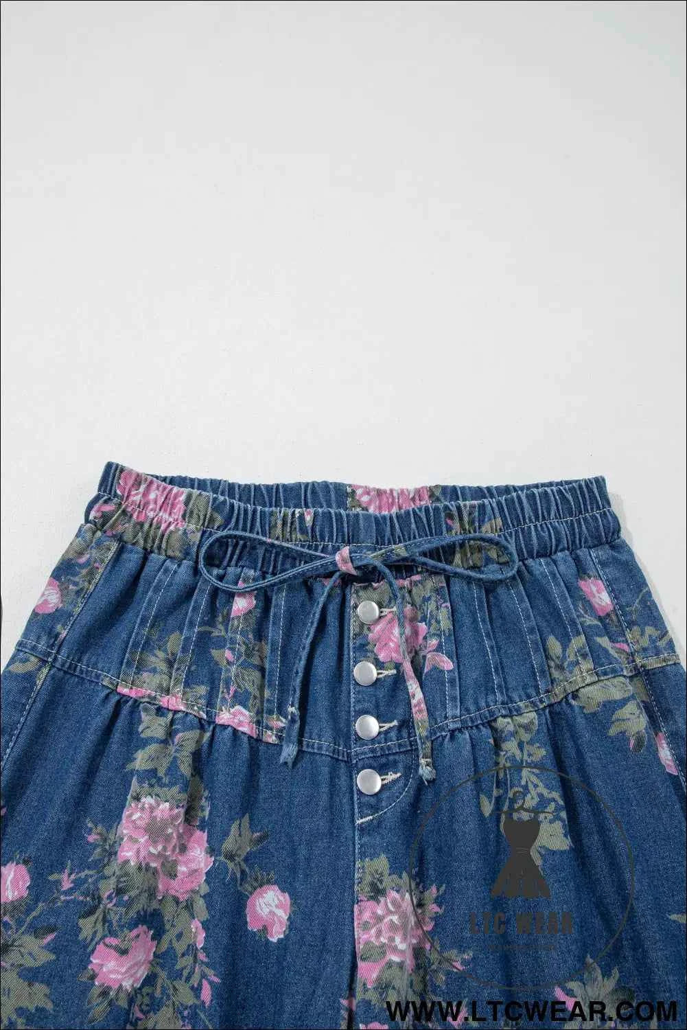 Blue Retro Floral Print Tie Elastic Waist Button Pintuck Wide Leg Jeans