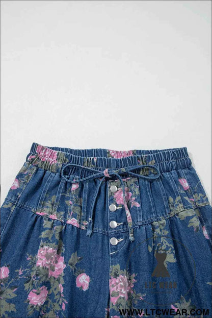 Blue Retro Floral Print Tie Elastic Waist Button Pintuck Wide Leg Jeans