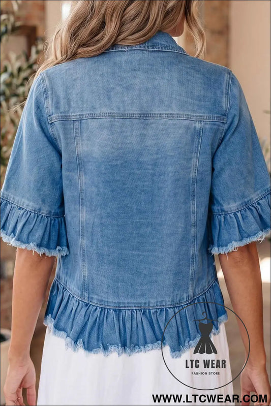 Blue Ruffle Hem Raw Edge Half Sleeve Western Denim Jacket