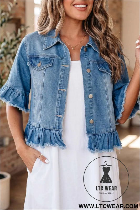 Blue Ruffle Hem Raw Edge Half Sleeve Western Denim Jacket
