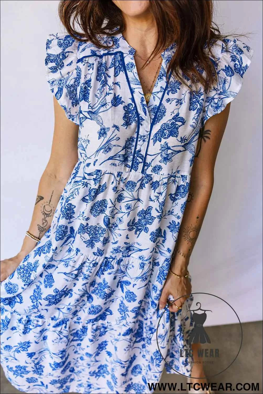 Blue Ruffled Short Sleeve Tiered Floral Midi Dress
