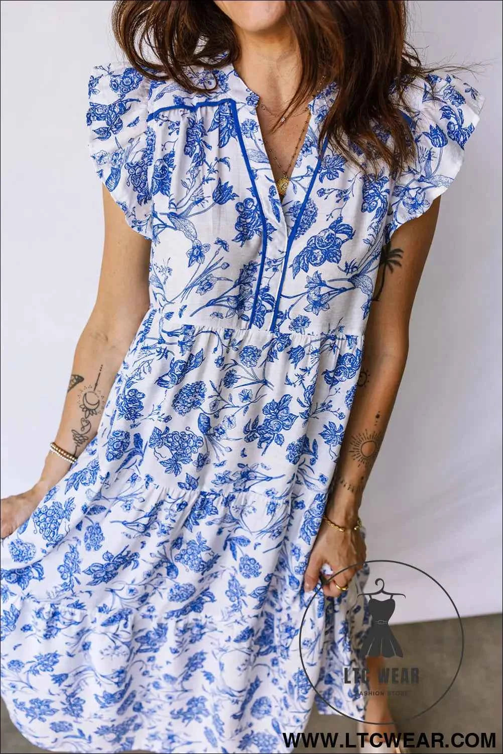 Blue Ruffled Short Sleeve Tiered Floral Midi Dress